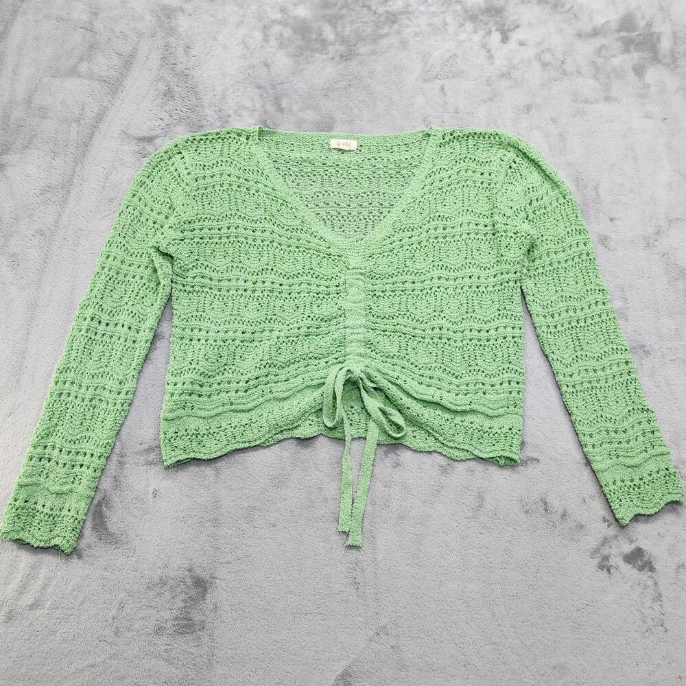 La Miel Sweater‎ Womens S Mint Green Open Knit V Neck Long Sleeves Front Cinch